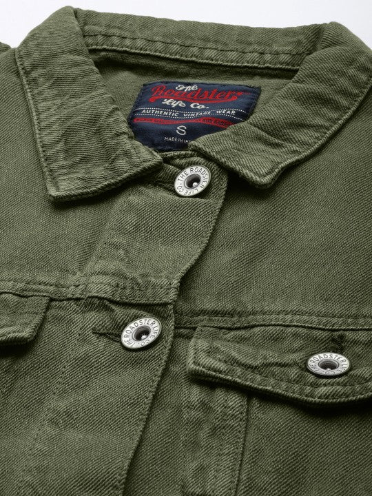 Women Olive Green Solid Boyfriend Denim Trucker