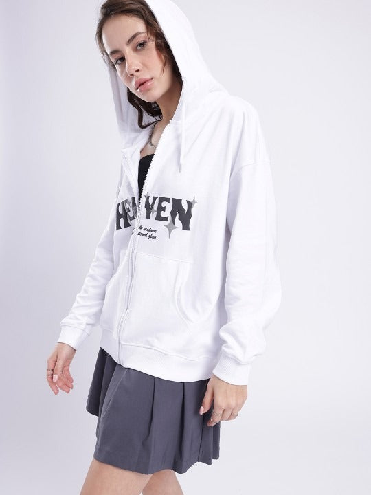 Printed Cotton Terry Hooded White Zipper – Boxy Fit Hoodie for Men & Women in Pakistan | DENIMS