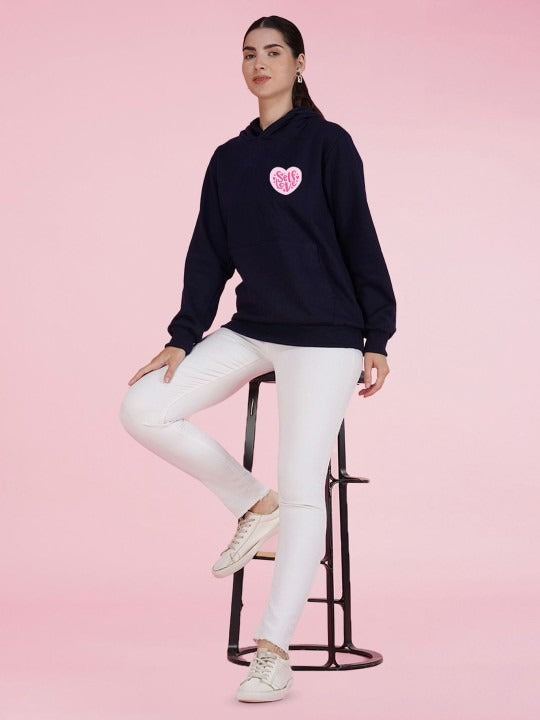 Graphic Printed Hooded Oversized Navy Blue Hoodie for Women | DENIMS