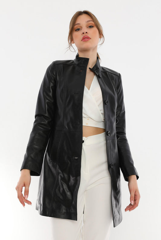 Paris Black Leather Trench Coat For Women