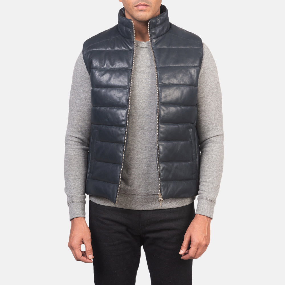 Blue Genuine Leather Puffer Vest