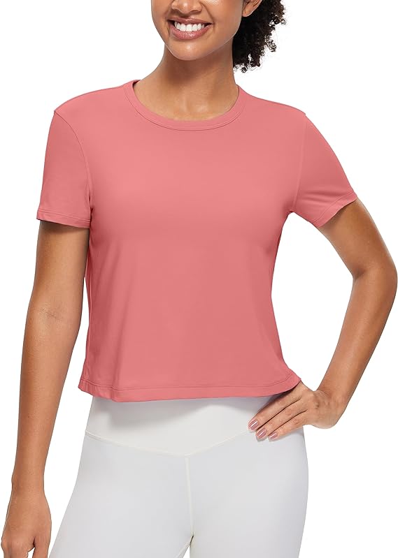 Women's Workout Crop Top T-Shirt Gym Yoga Running Basic Tee Pink