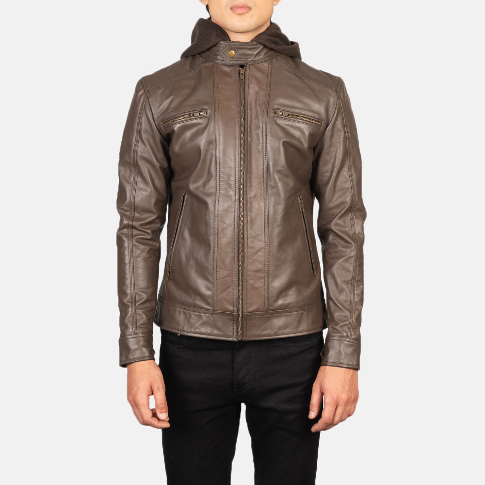 Men's Brown Hooded Leather Biker Jacket