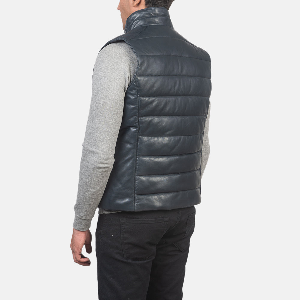 Blue Genuine Leather Puffer Vest