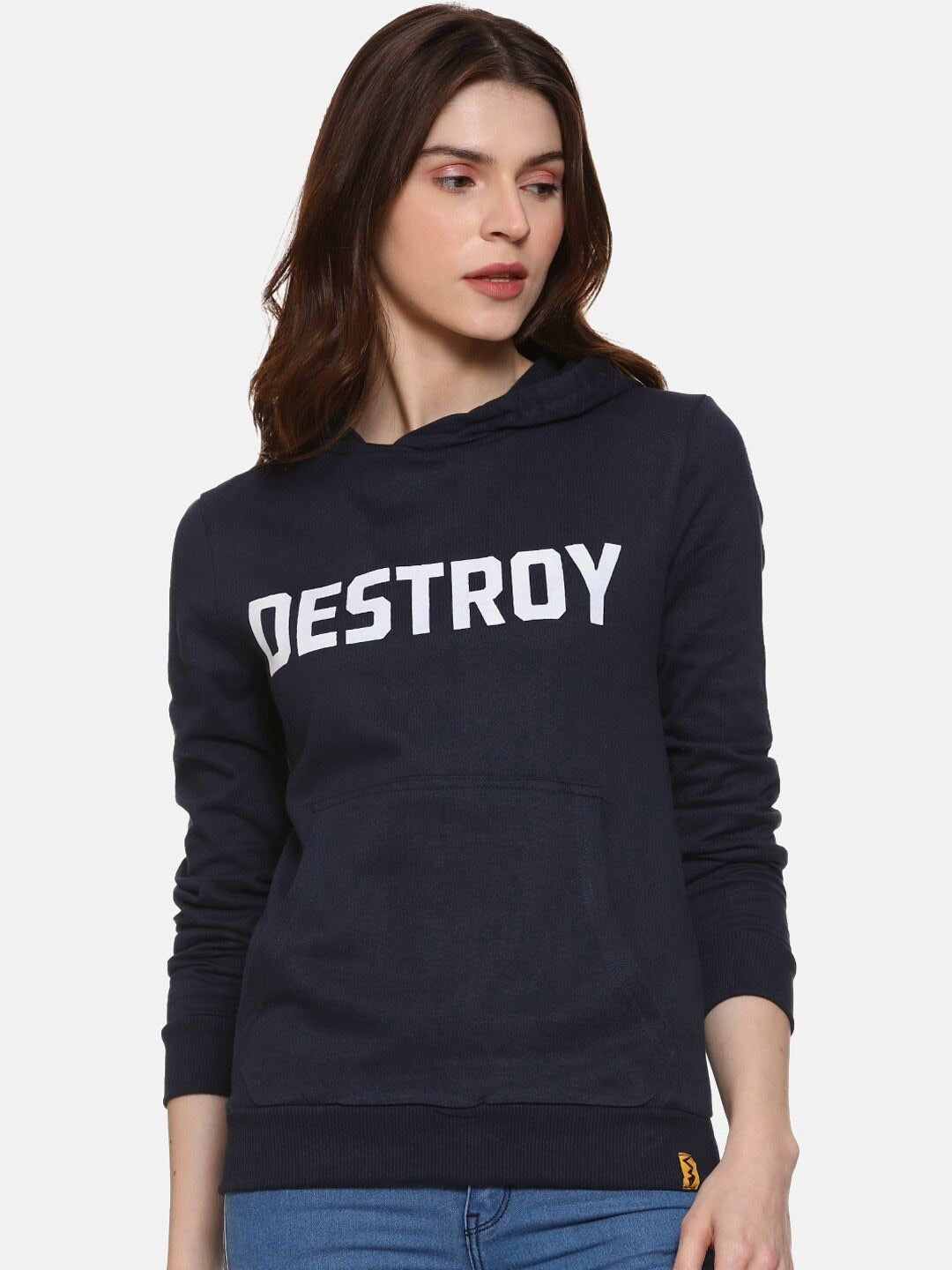 Navy Blue Typography Printed Hooded Cotton Pullover Hoodie for Women – Stylish Winter Wear in Pakistan | DENIMS