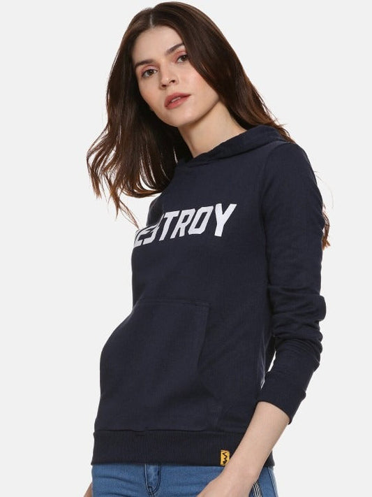 Navy Blue Typography Printed Hooded Cotton Pullover Hoodie for Women – Stylish Winter Wear in Pakistan | DENIMS