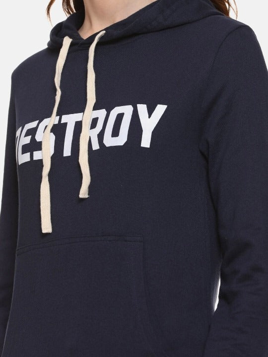 Navy Blue Typography Printed Hooded Cotton Pullover Hoodie for Women – Stylish Winter Wear in Pakistan | DENIMS