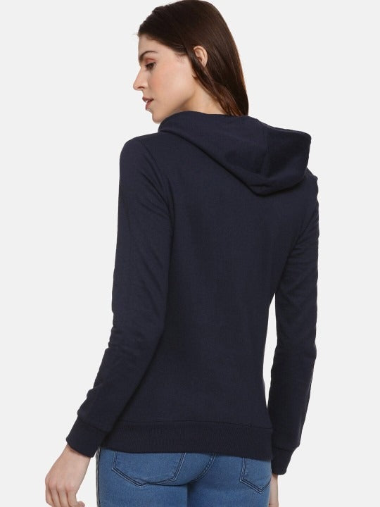 Navy Blue Typography Printed Hooded Cotton Pullover Hoodie for Women – Stylish Winter Wear in Pakistan | DENIMS