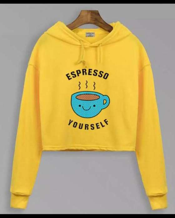 YELLOW COFFEE PRINTED CROPPED HOODIE FOR womens