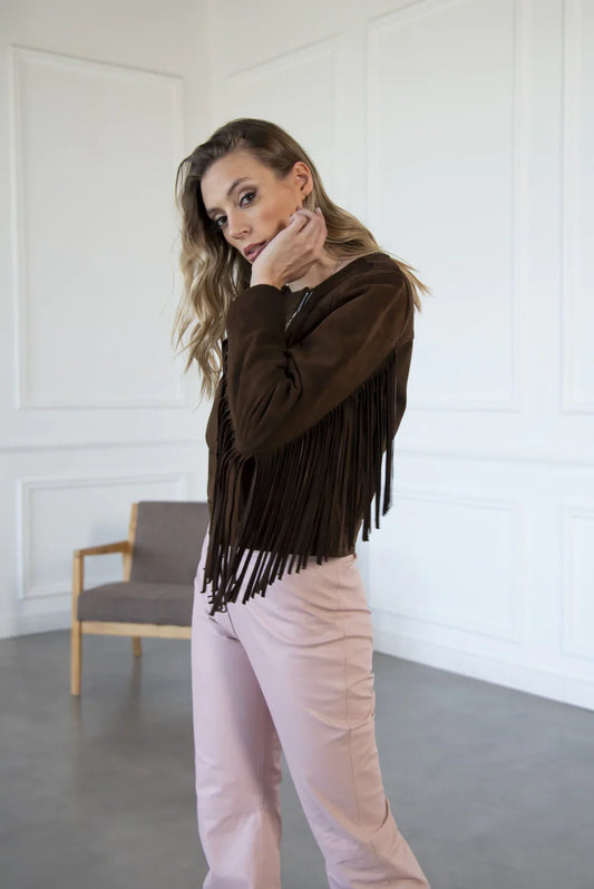 Dark Brown Fringe Women's Suede Leather Jacket
