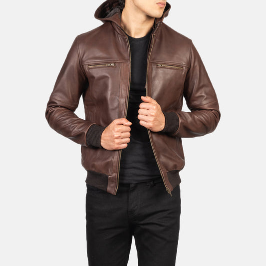 Ace Classic Brown Hood Leather Bomber Jacket