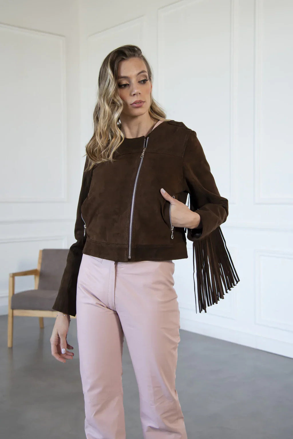 Dark Brown Fringe Women's Suede Leather Jacket