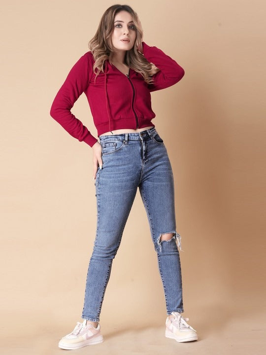 Women Solid Hooded Cropped Zipper Hoodie – Cropped Zip-Up, Breathable & Travel-Ready | DENIMS