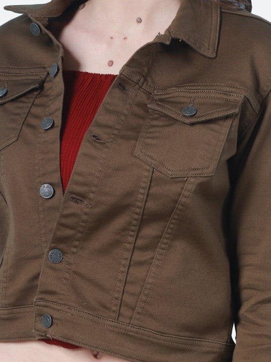 Women Washed Lightweight Brown Denim Jacket