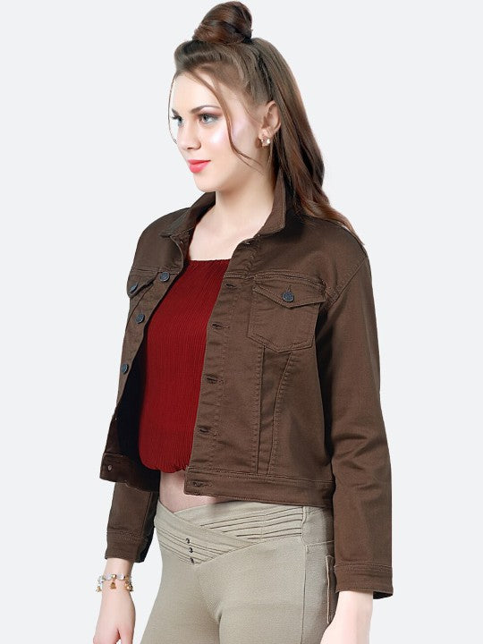 Women Washed Lightweight Brown Denim Jacket