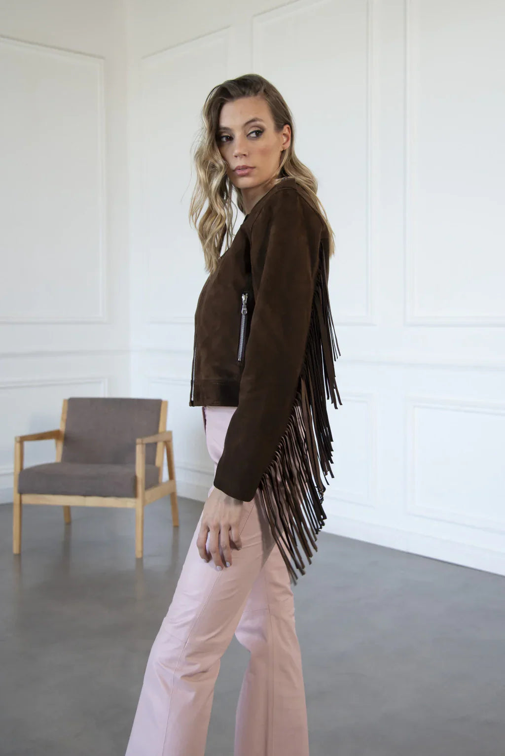 Dark Brown Fringe Women's Suede Leather Jacket