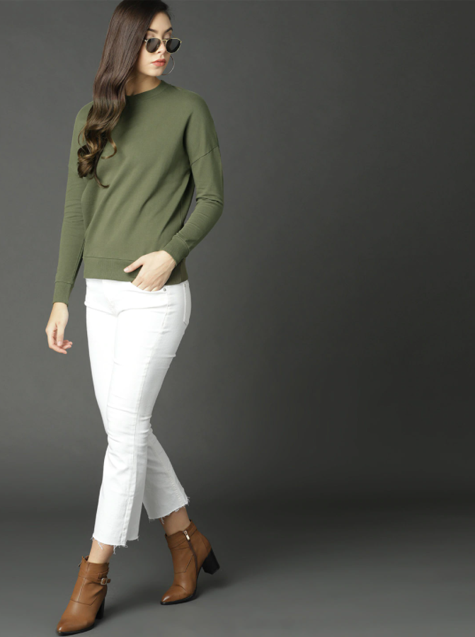 HB INDUSTRIES Women Olive Green Solid Sweatshirt Roadster