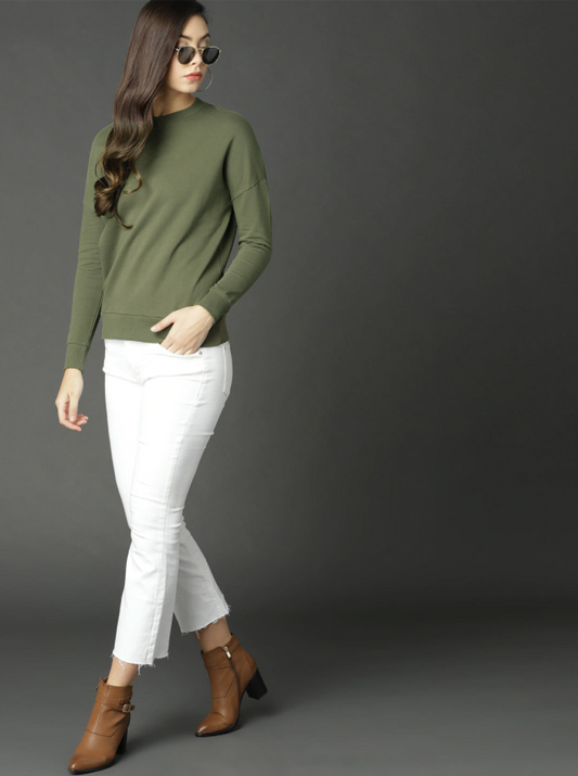 HB INDUSTRIES Women Olive Green Solid Sweatshirt Roadster