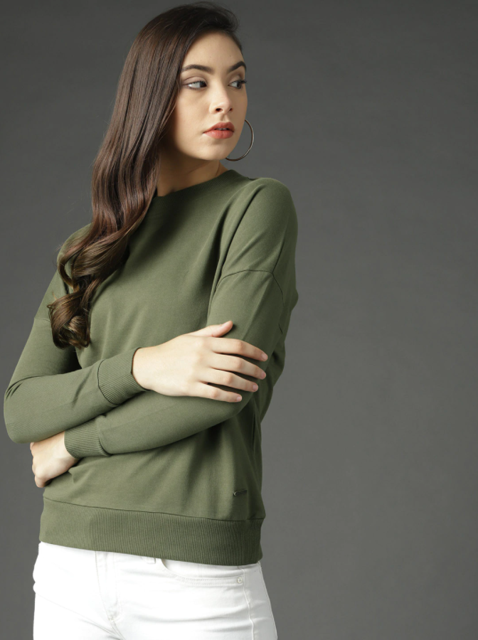 HB INDUSTRIES Women Olive Green Solid Sweatshirt Roadster