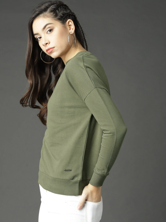 HB INDUSTRIES Women Olive Green Solid Sweatshirt Roadster