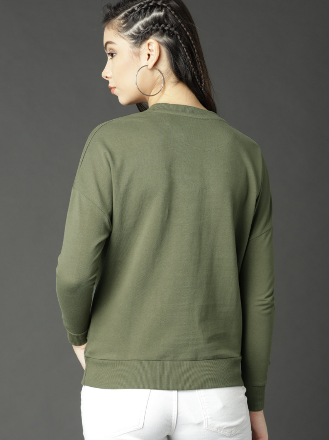 HB INDUSTRIES Women Olive Green Solid Sweatshirt Roadster