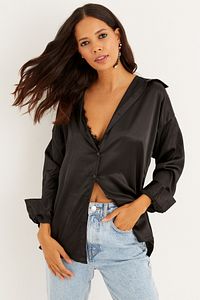 Cool & Sexy Oversized Black Silk Shirt – Effortless Chic