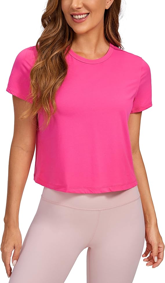 Women's Workout Crop Top T-Shirt Yoga Running Basic Tee Pink