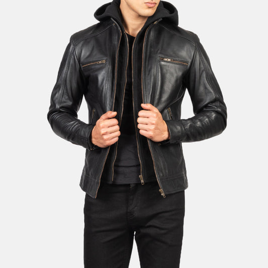 Black Hooded Cowhide Leather Biker Jacket