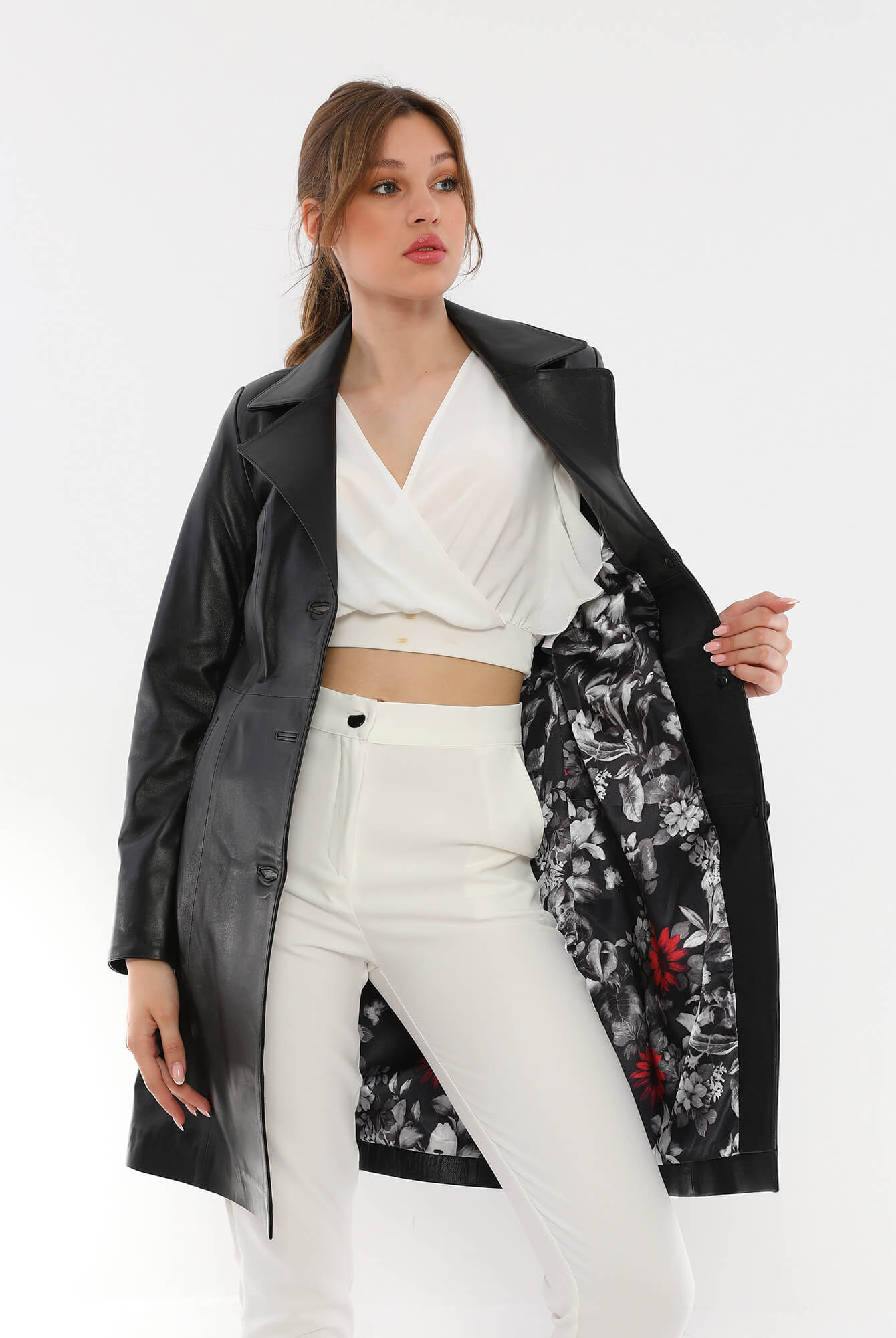 Migissi Black Leather Trench Coat For Women