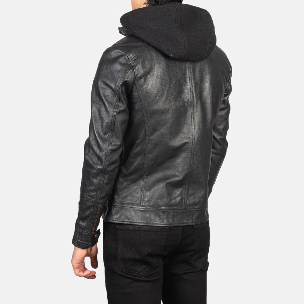 Black Hooded Cowhide Leather Biker Jacket