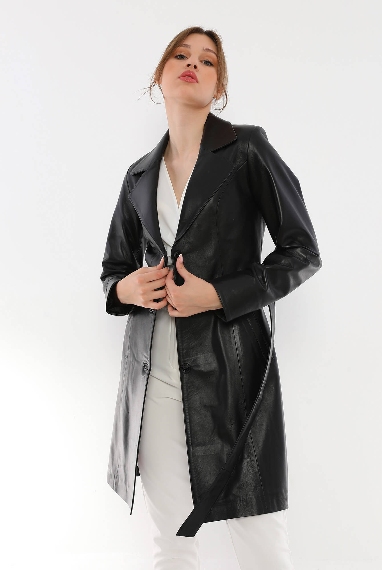 Migissi Black Leather Trench Coat For Women