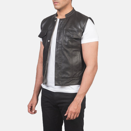 Moto Dark Brown Genuine Leather Vest