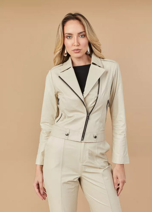 Women's Genuine Leather Jacket Notched Collar