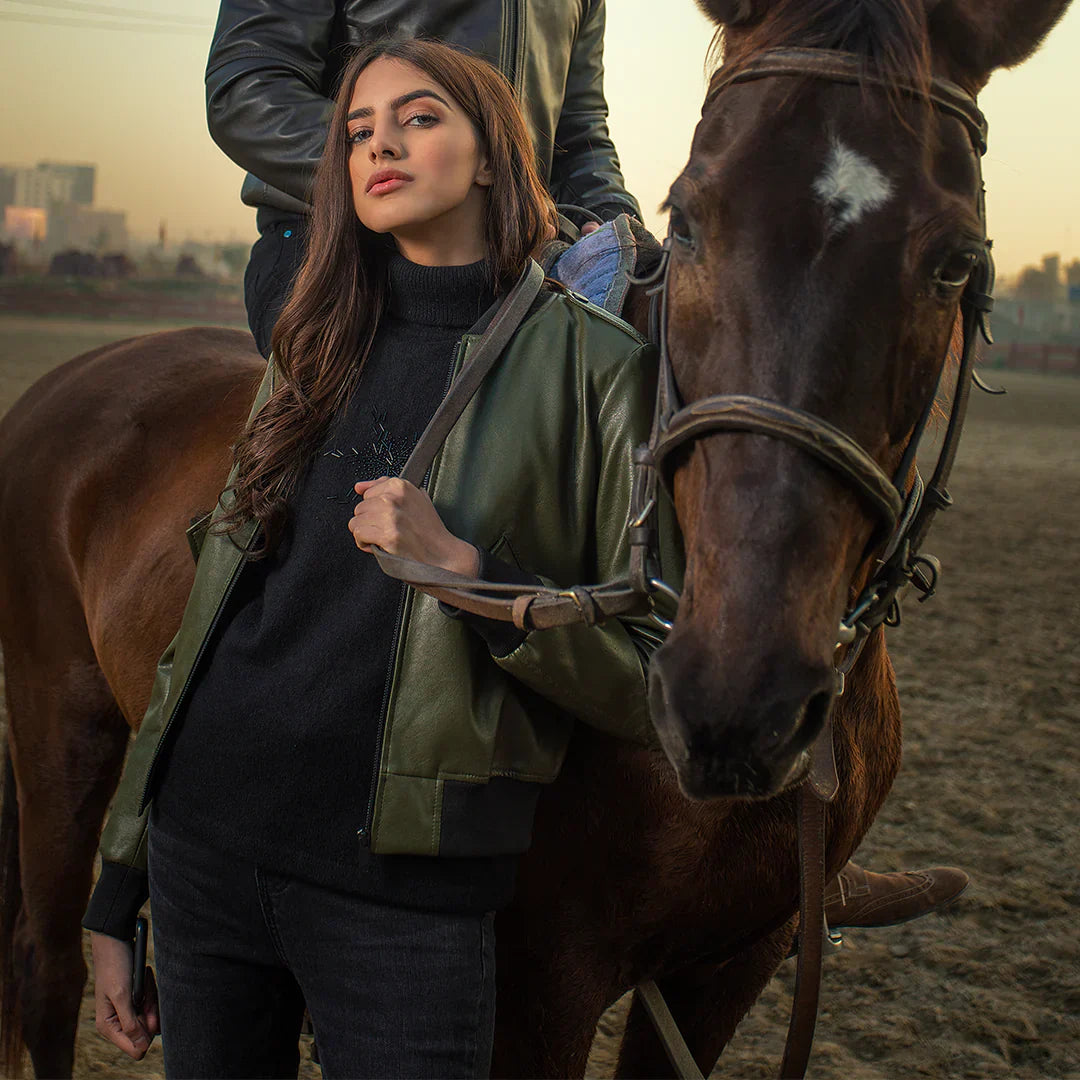 Military Green Women Leather Jacket