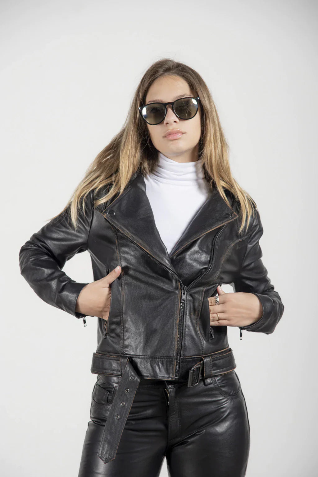 Worn Effect Women Biker Leather Jacket