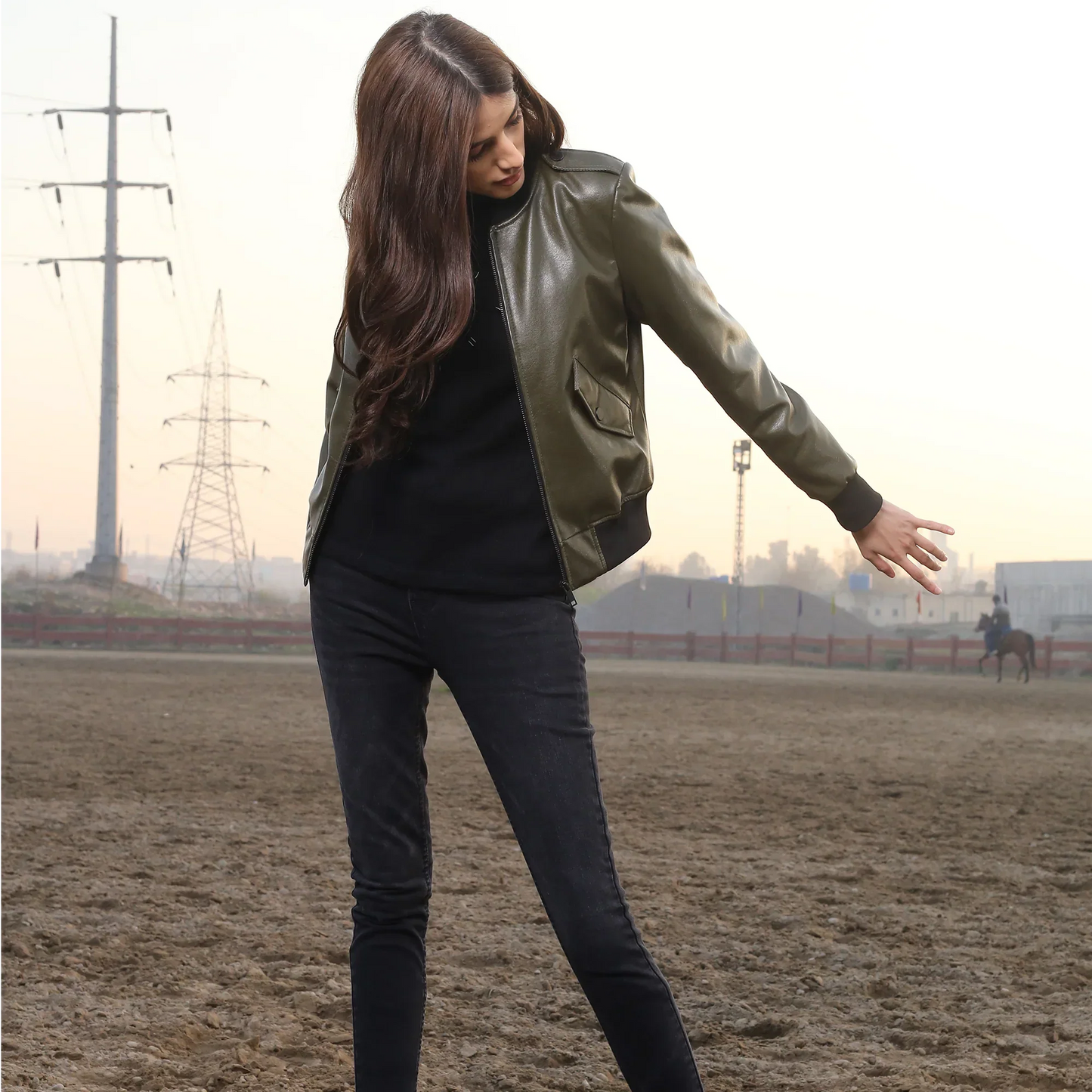 Military Green Women Leather Jacket