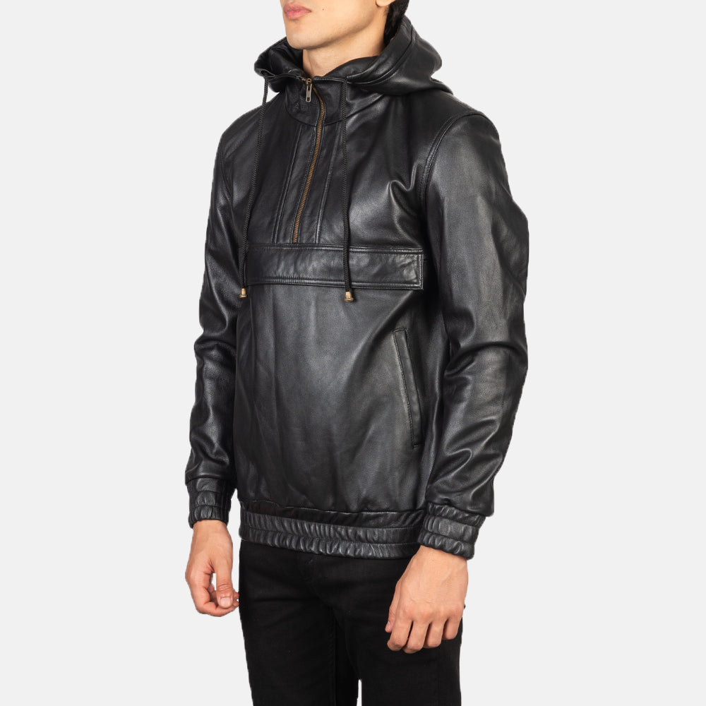 Hooded Black Sheepskin Leather Pullover Jacket