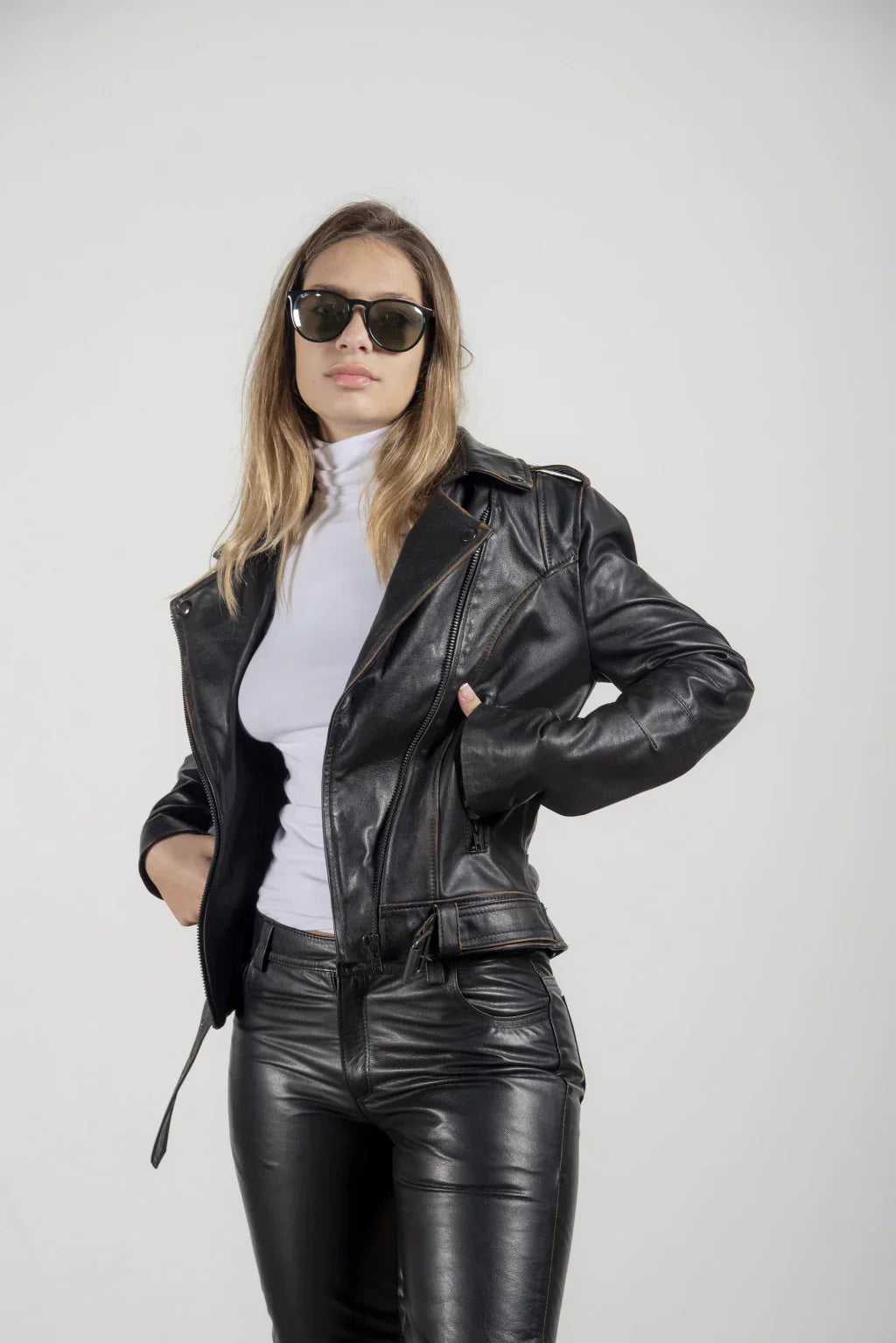 Worn Effect Women Biker Leather Jacket