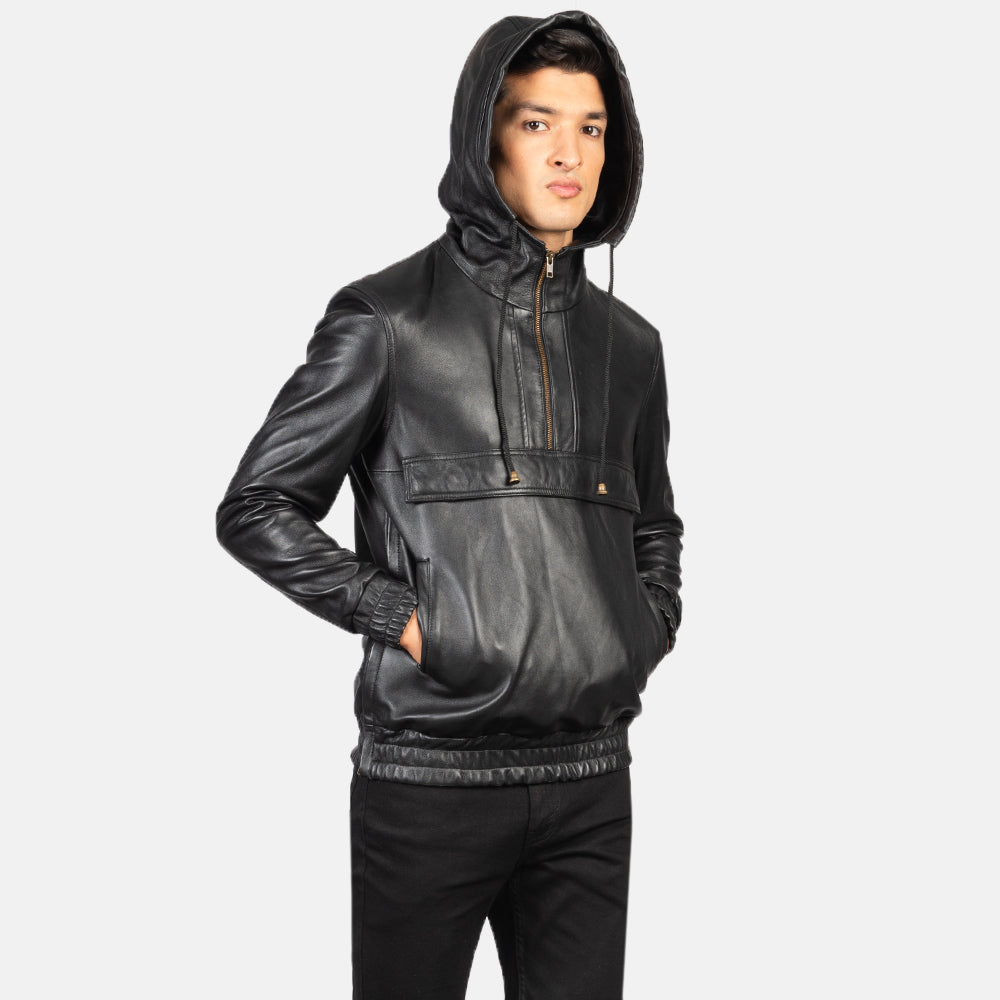 Hooded Black Sheepskin Leather Pullover Jacket