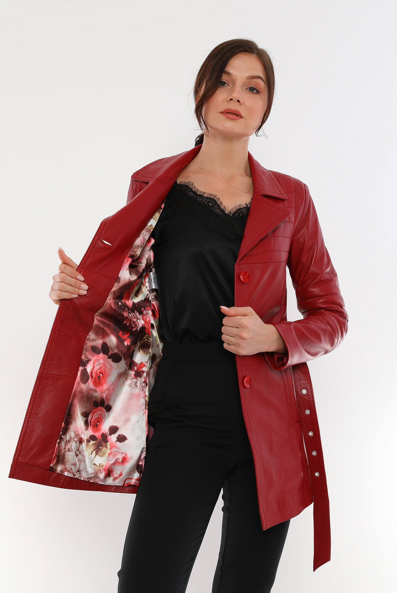 Jessica Red Leather Trench Coat For Women