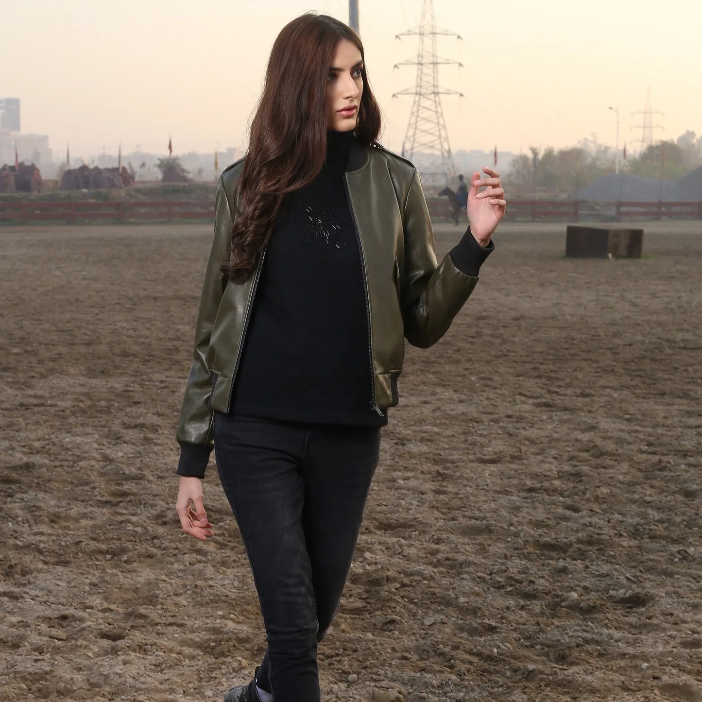 Military Green Women Leather Jacket