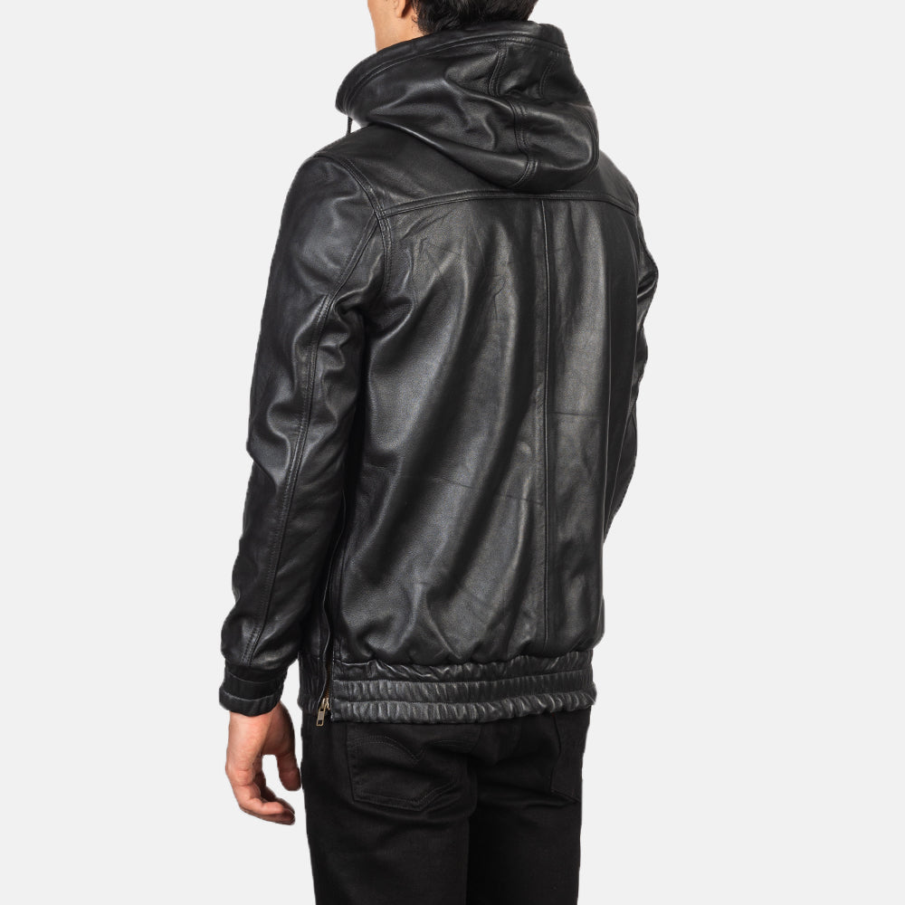Hooded Black Sheepskin Leather Pullover Jacket