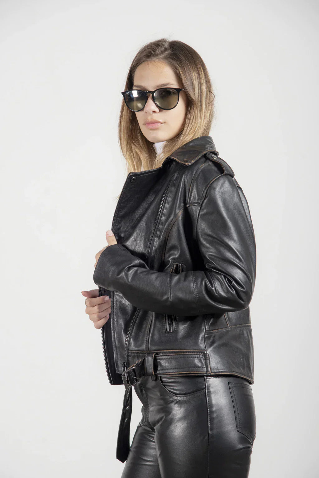 Worn Effect Women Biker Leather Jacket