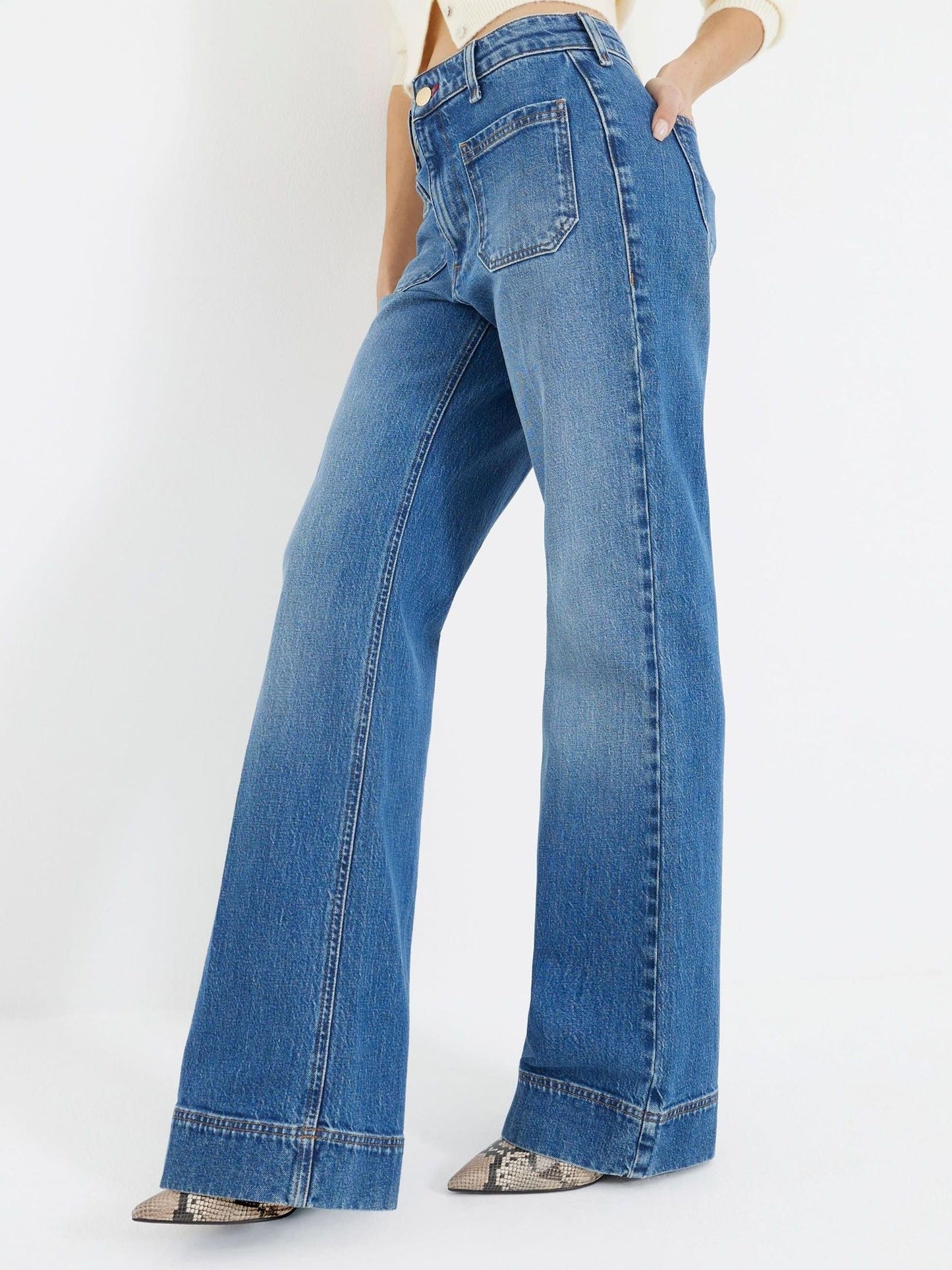 Women Rinse Blue Jersey Denim Wide Leg Trousers – Comfortable & Stylish Pants for Pakistan | DENIMS