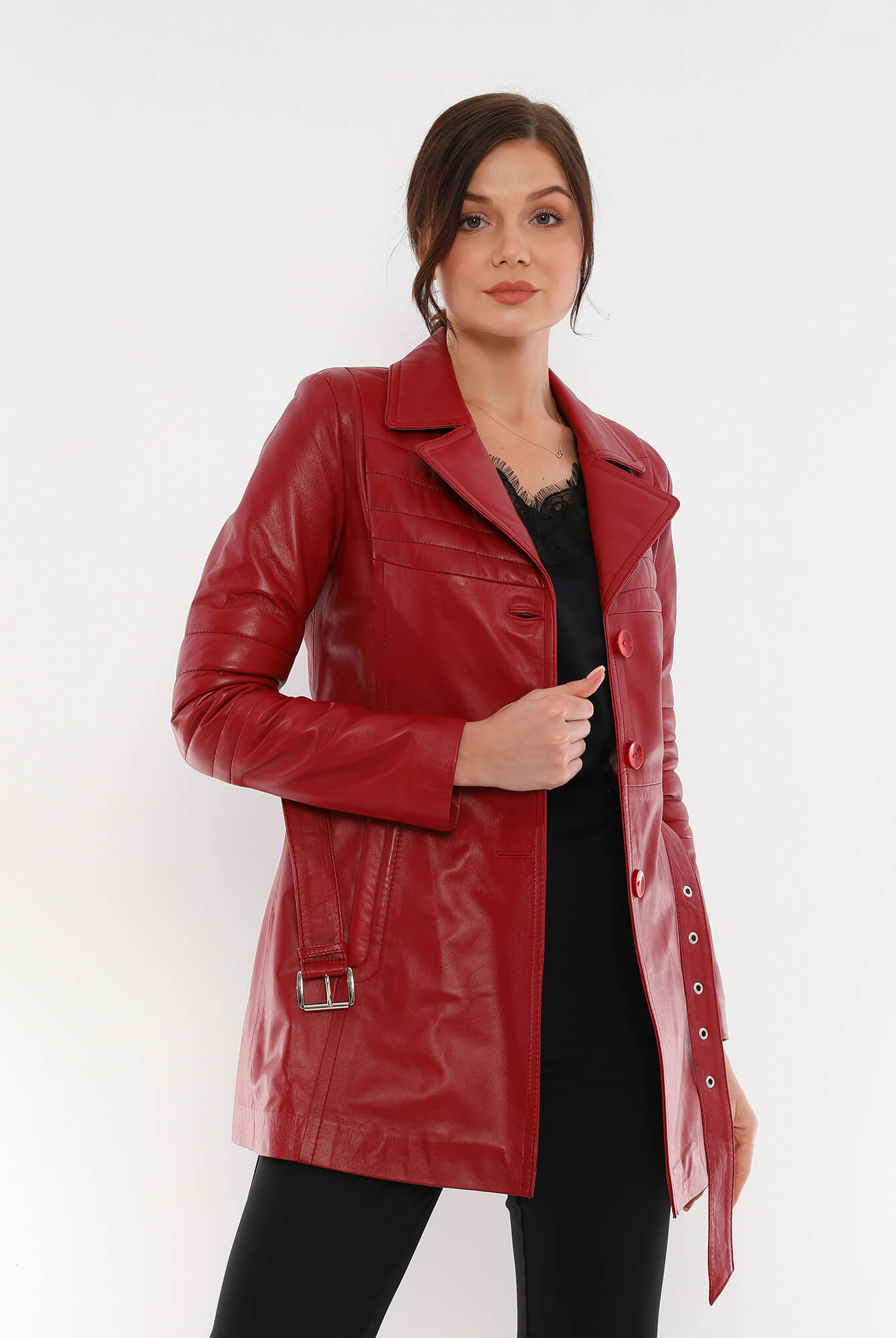 Jessica Red Leather Trench Coat For Women