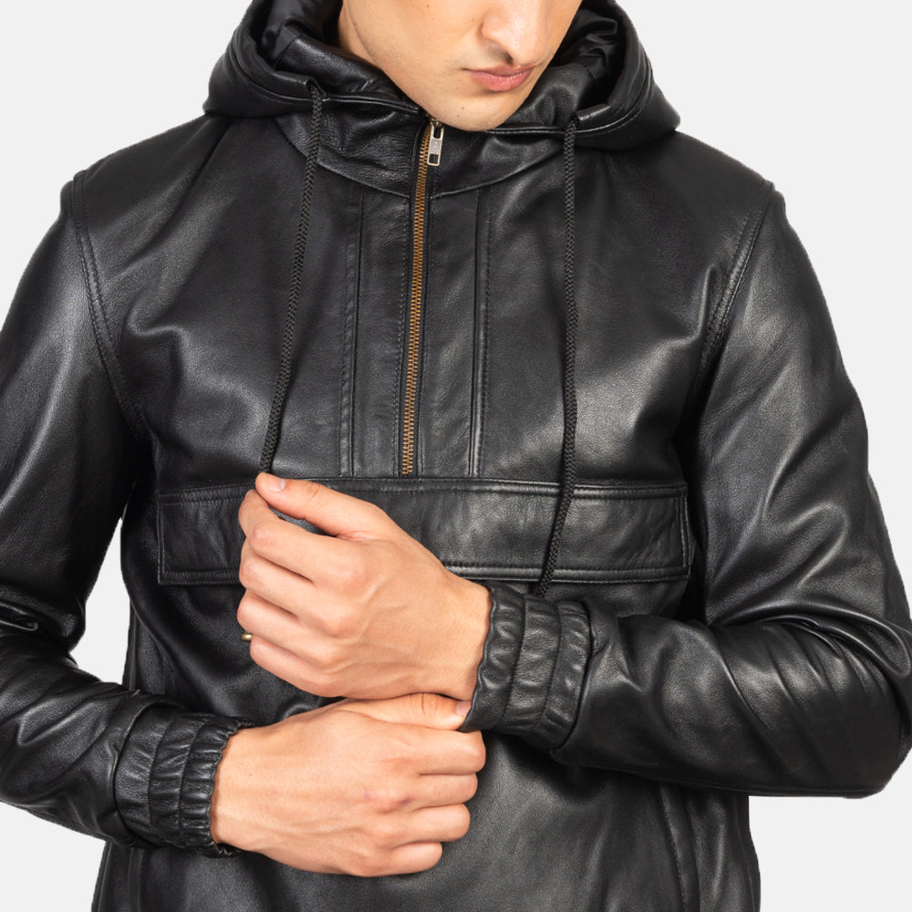 Hooded Black Sheepskin Leather Pullover Jacket