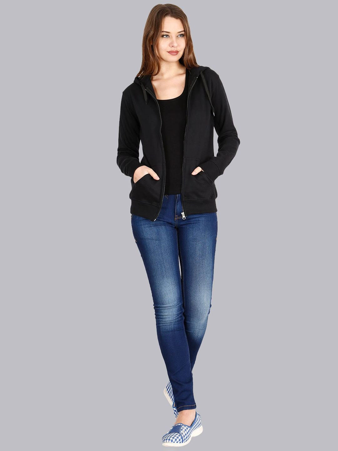 Women Black Hooded Cotton Front-Open Zipper Jacket – Breathable Cotton Zip Hoodie for Pakistan | DENIMS