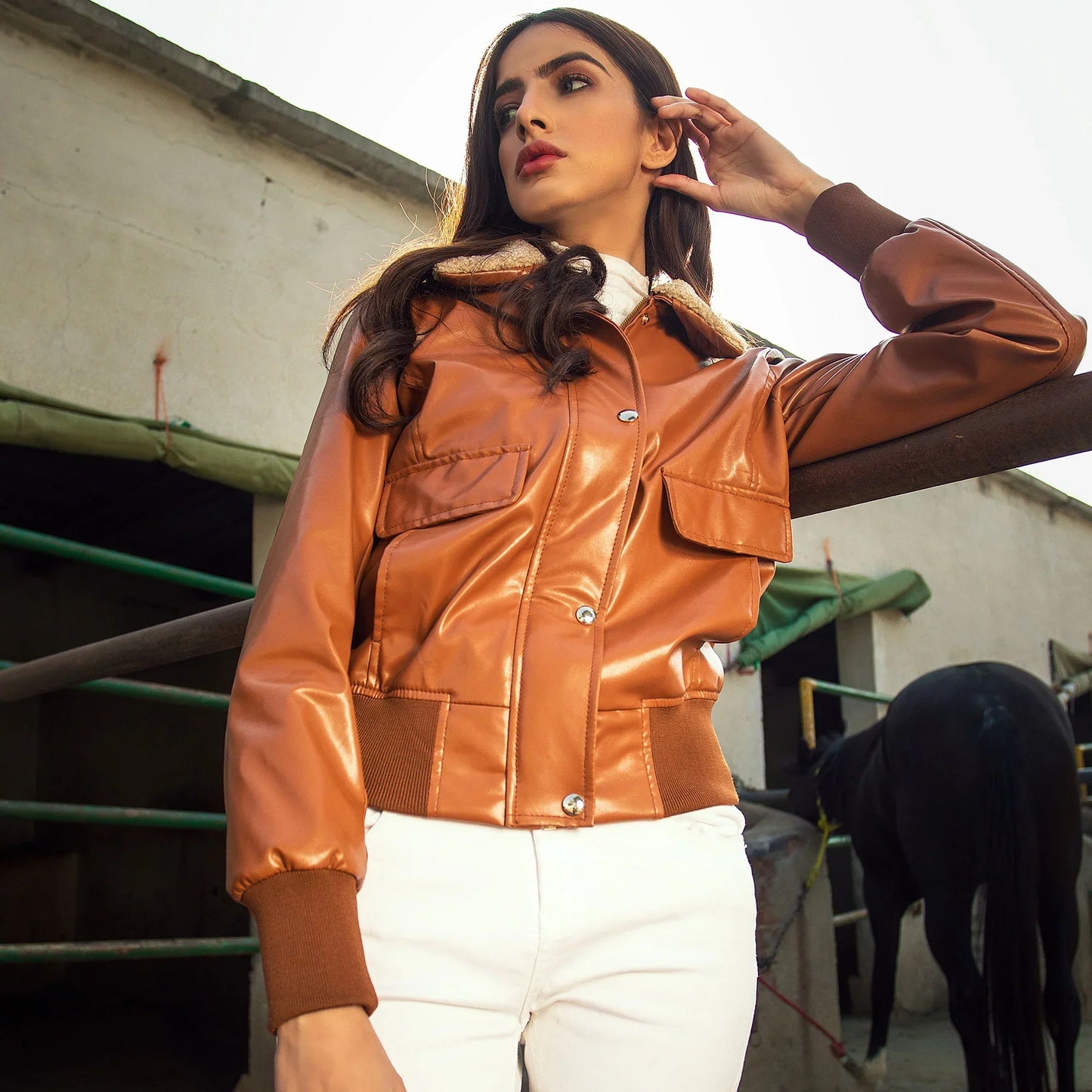 Fur Collar Bomber Women Leather Jacket