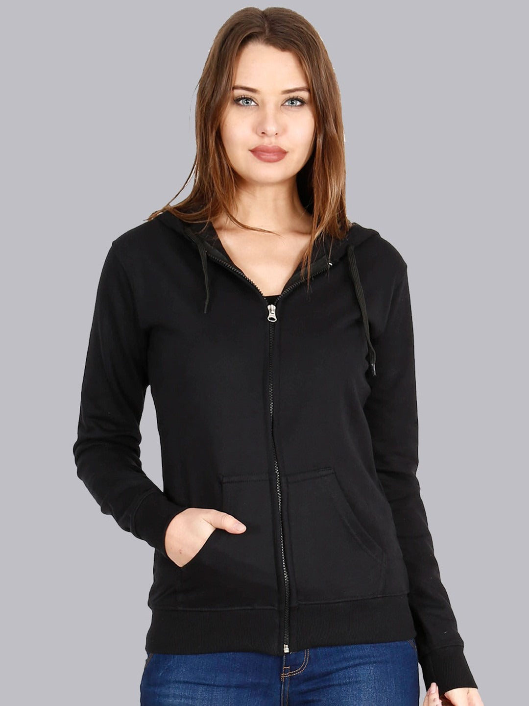 Women Black Hooded Cotton Front-Open Zipper Jacket – Breathable Cotton Zip Hoodie for Pakistan | DENIMS