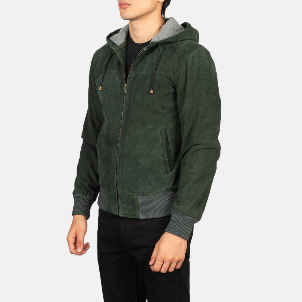 Men's Green Hooded Suede Bomber Jacket